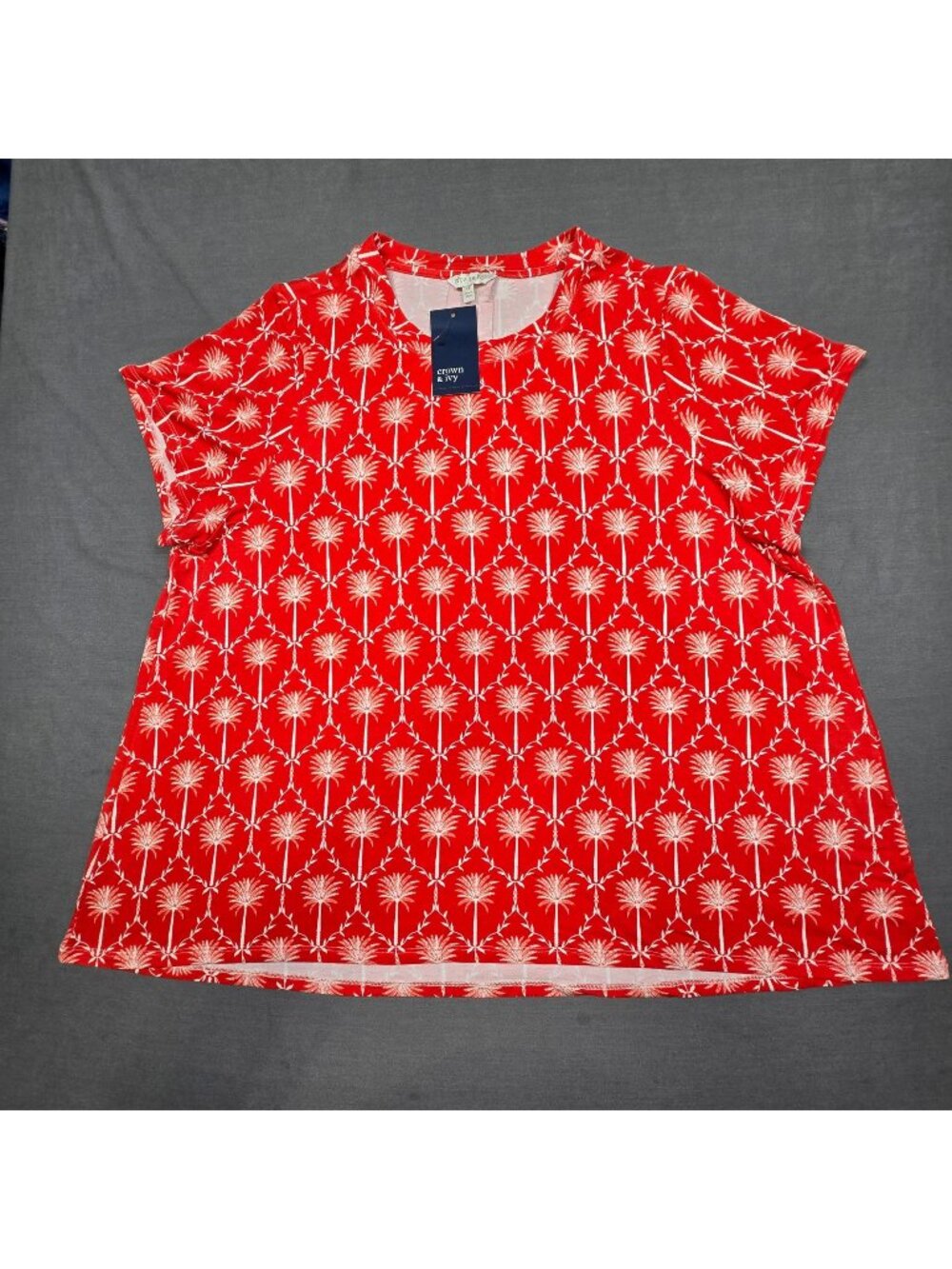 Crown & Ivy 3X Red Palm Print Short Sleeve Top NEW